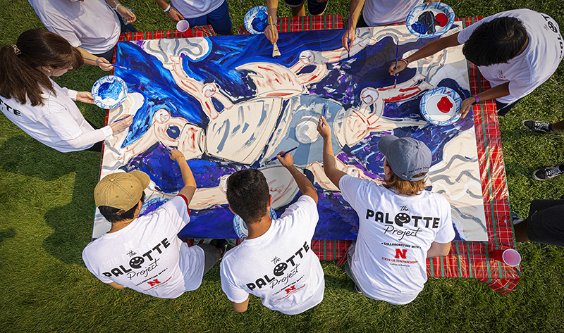 Aerial shot of mural painting participants